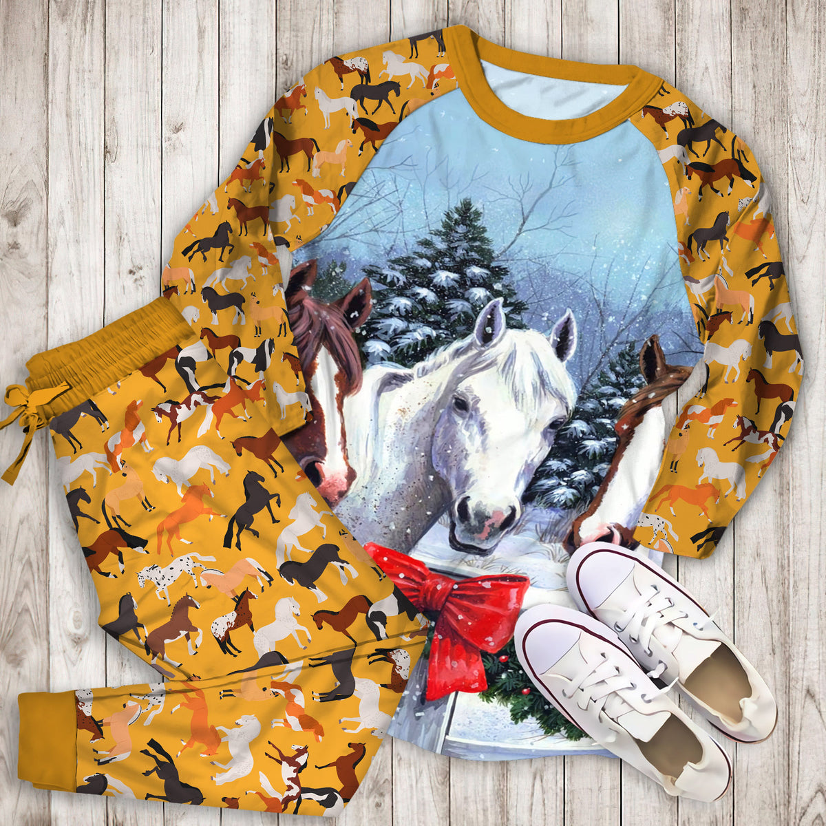 Horse Christmas Pajama Set | Pajamas | Cotton Sleepwear Sets | Soft Long Sleeve Pjs | Raglan Shirt and Pants Set