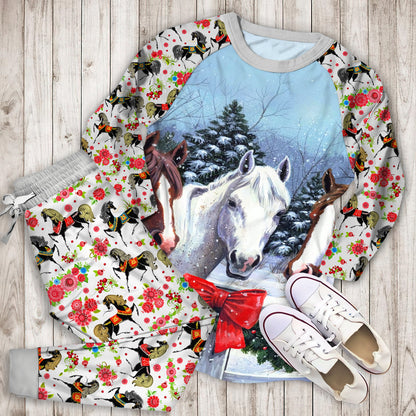 Horse Christmas Pajama Set | Pajamas | Cotton Sleepwear Sets | Soft Long Sleeve Pjs | Raglan Shirt and Pants Set