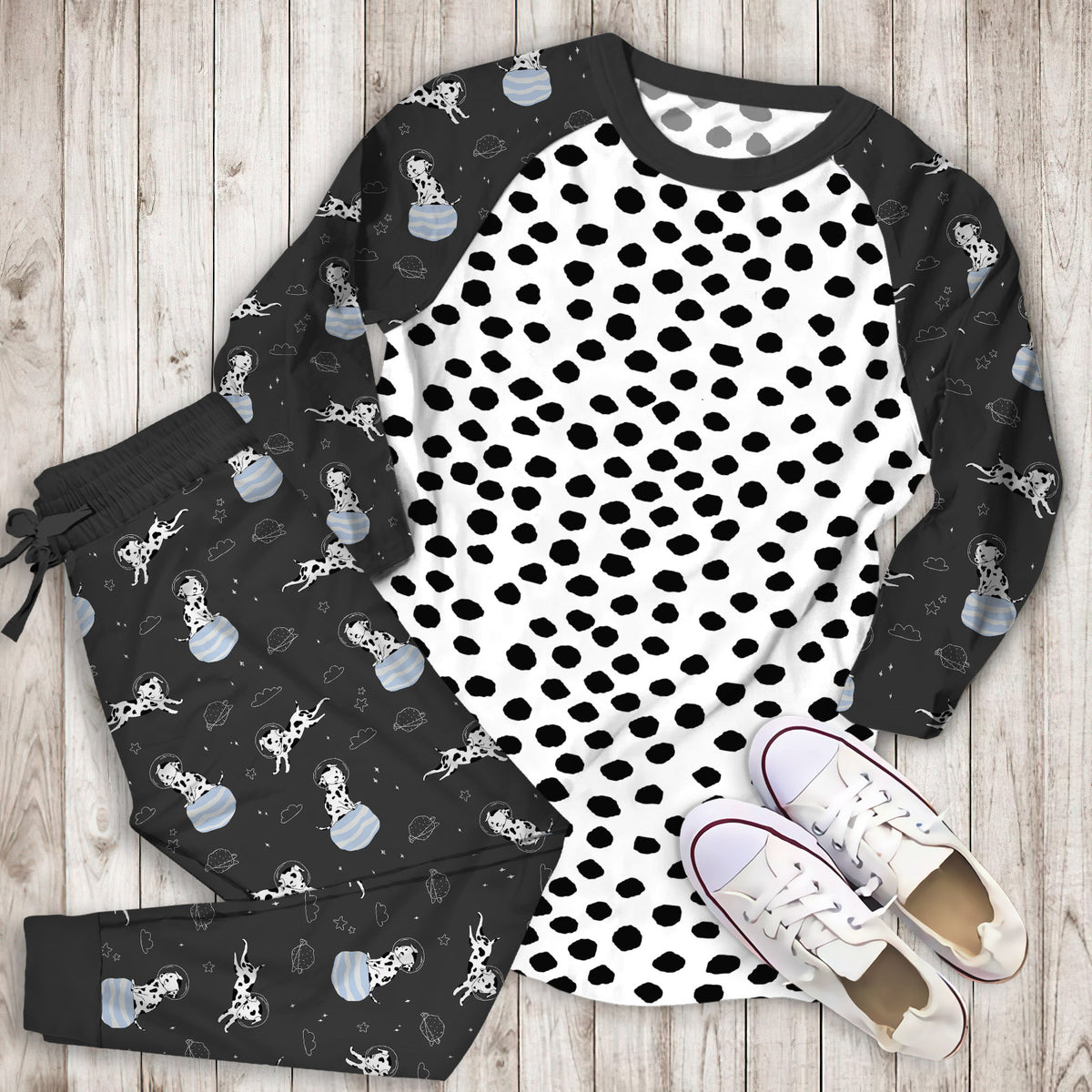 Dalmatian Spots Black And White Polka Dots Pajama Set | Pajamas | Cotton Sleepwear Sets | Soft Long Sleeve Pjs | Raglan Shirt and Pants Set