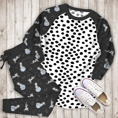 Dalmatian Spots Black And White Polka Dots Pajama Set | Pajamas | Cotton Sleepwear Sets | Soft Long Sleeve Pjs | Raglan Shirt and Pants Set