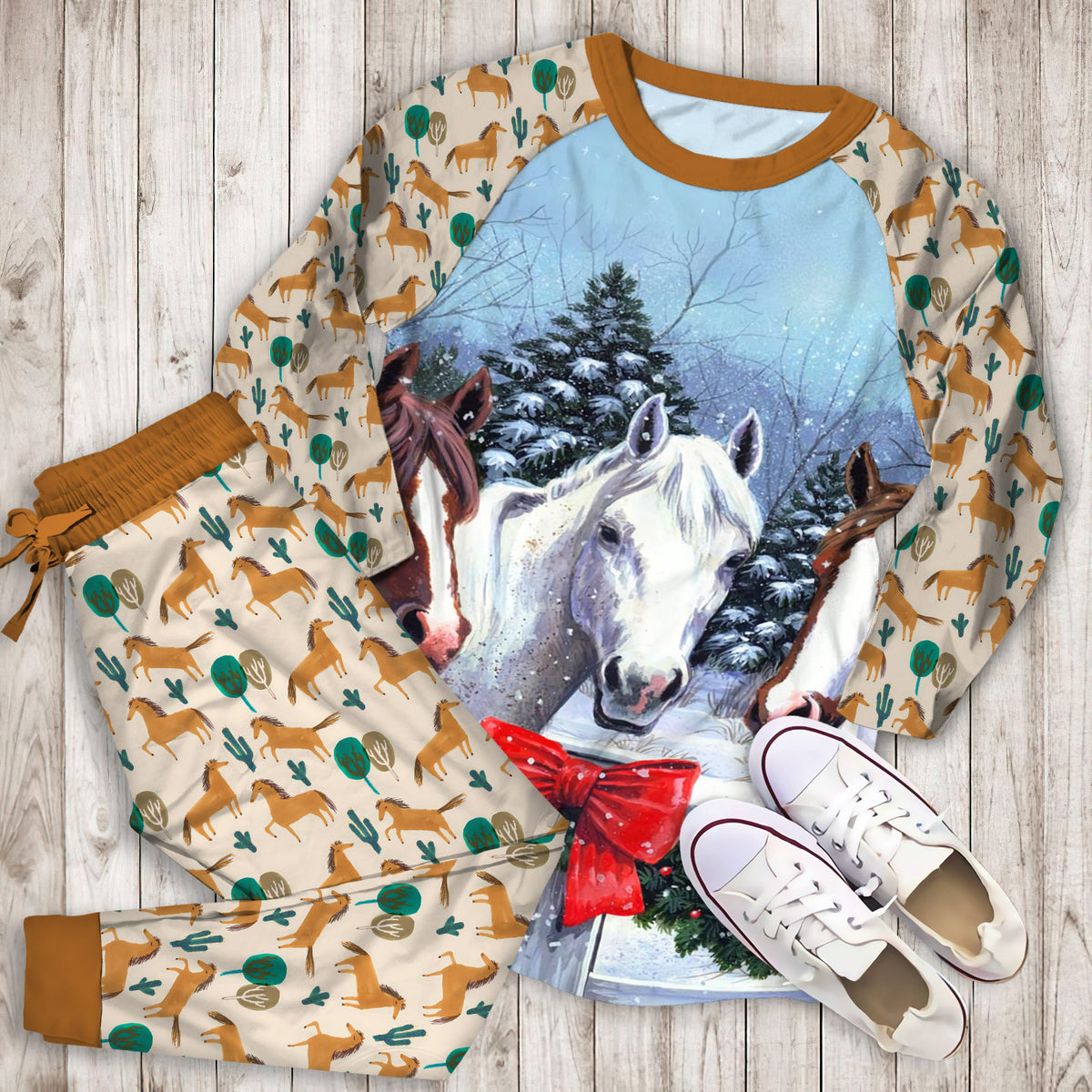 Horse Christmas Pajama Set | Pajamas | Cotton Sleepwear Sets | Soft Long Sleeve Pjs | Raglan Shirt and Pants Set