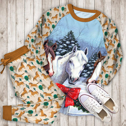 Horse Christmas Pajama Set | Pajamas | Cotton Sleepwear Sets | Soft Long Sleeve Pjs | Raglan Shirt and Pants Set