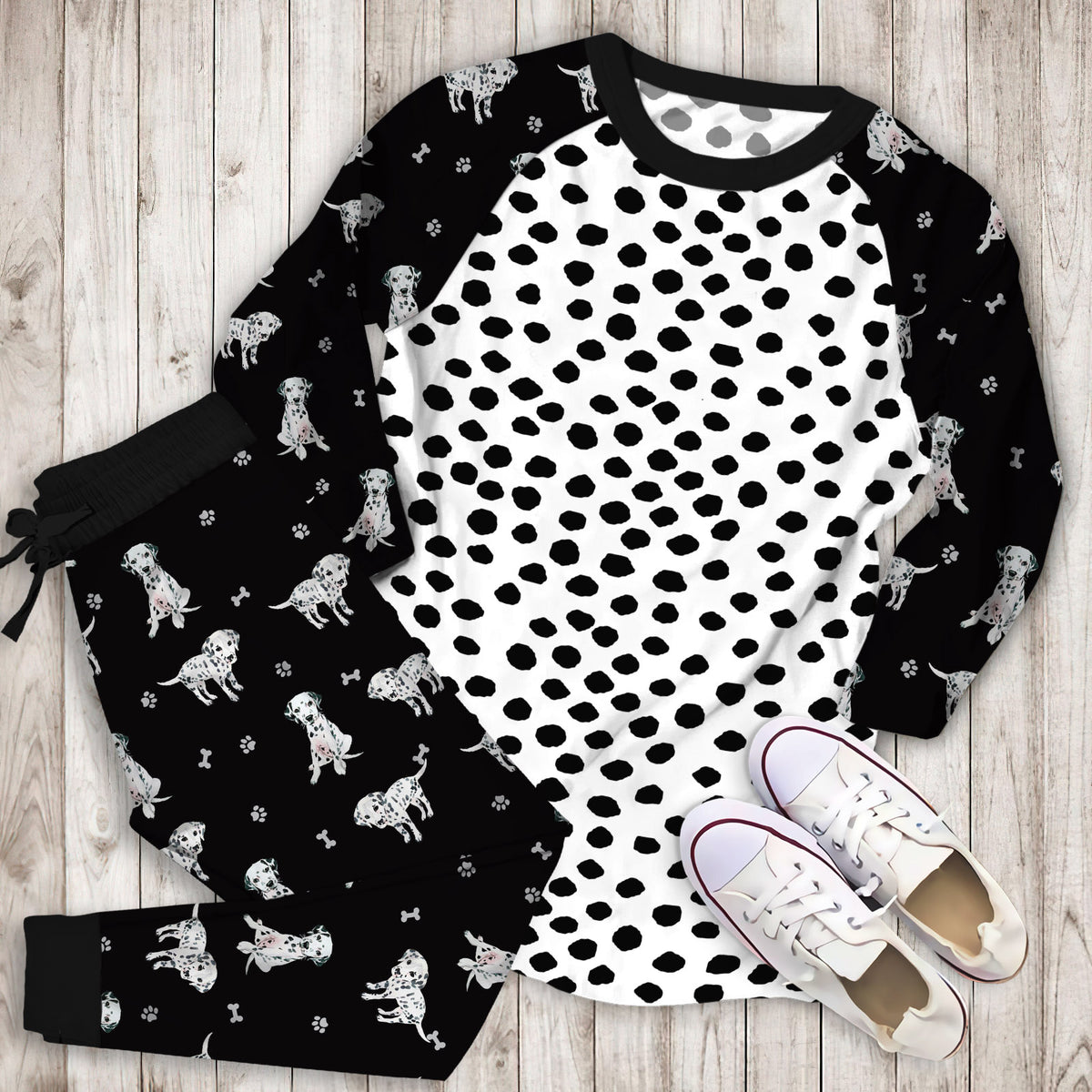 Dalmatian Spots Black And White Polka Dots Pajama Set | Pajamas | Cotton Sleepwear Sets | Soft Long Sleeve Pjs | Raglan Shirt and Pants Set