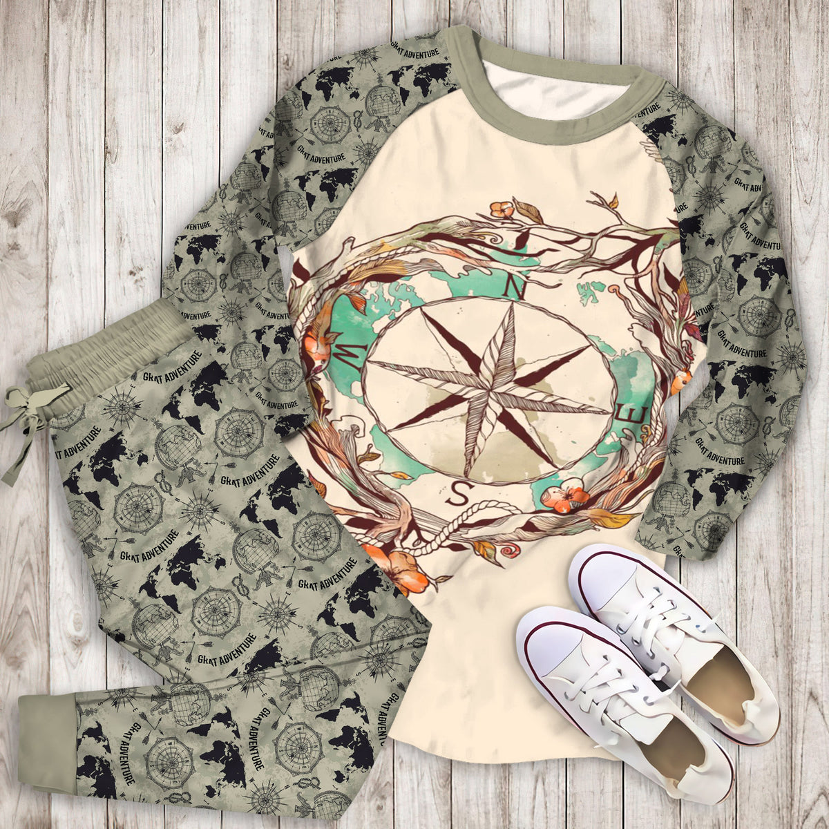 Compass Pajama Set | Pajamas | Cotton Sleepwear Sets | Soft Long Sleeve Pjs | Raglan Shirt and Pants Set