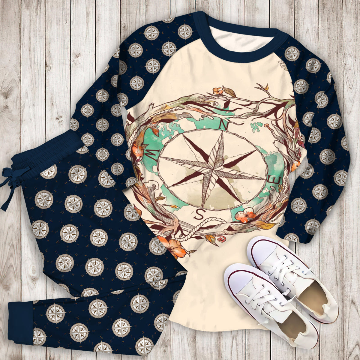 Compass Pajama Set | Pajamas | Cotton Sleepwear Sets | Soft Long Sleeve Pjs | Raglan Shirt and Pants Set
