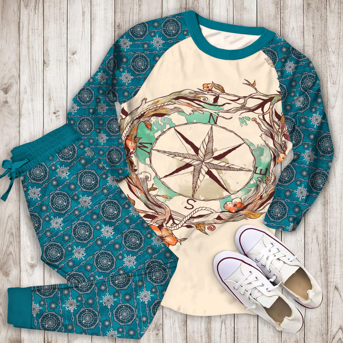 Compass Pajama Set | Pajamas | Cotton Sleepwear Sets | Soft Long Sleeve Pjs | Raglan Shirt and Pants Set