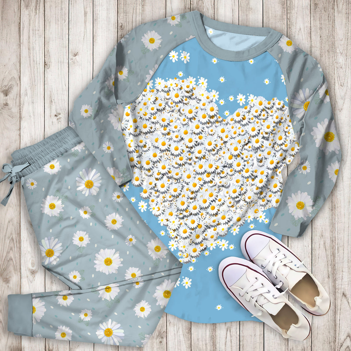 Daisy Heart Pajama Set |Sleepwear Pjs Sets | Raglan Shirt Pants Set