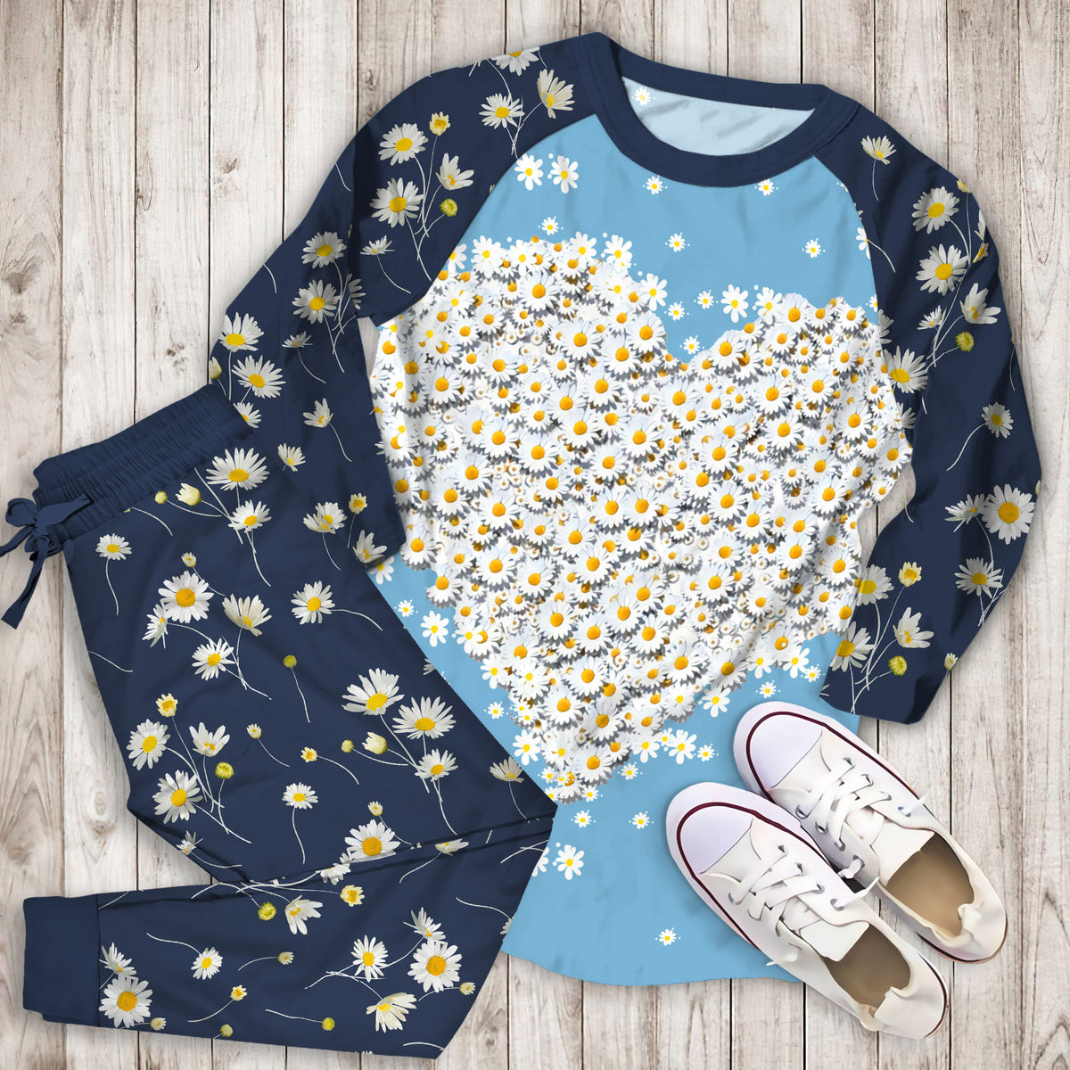 Daisy Heart Pajama Set |Sleepwear Pjs Sets | Raglan Shirt Pants Set