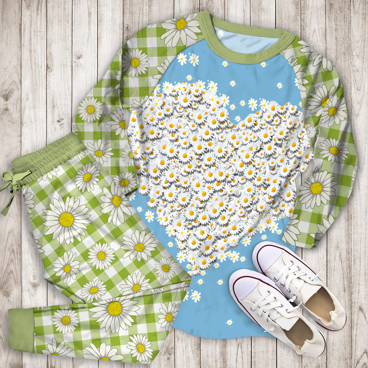 Daisy Heart Pajama Set |Sleepwear Pjs Sets | Raglan Shirt Pants Set