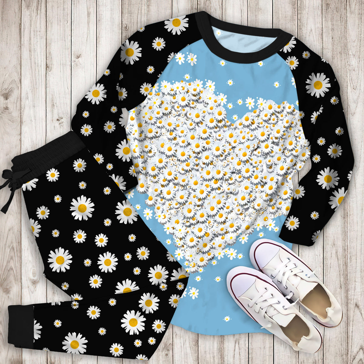 Daisy Heart Pajama Set |Sleepwear Pjs Sets | Raglan Shirt Pants Set