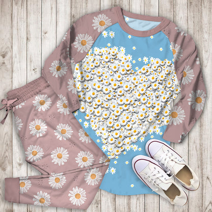Daisy Heart Pajama Set |Sleepwear Pjs Sets | Raglan Shirt Pants Set