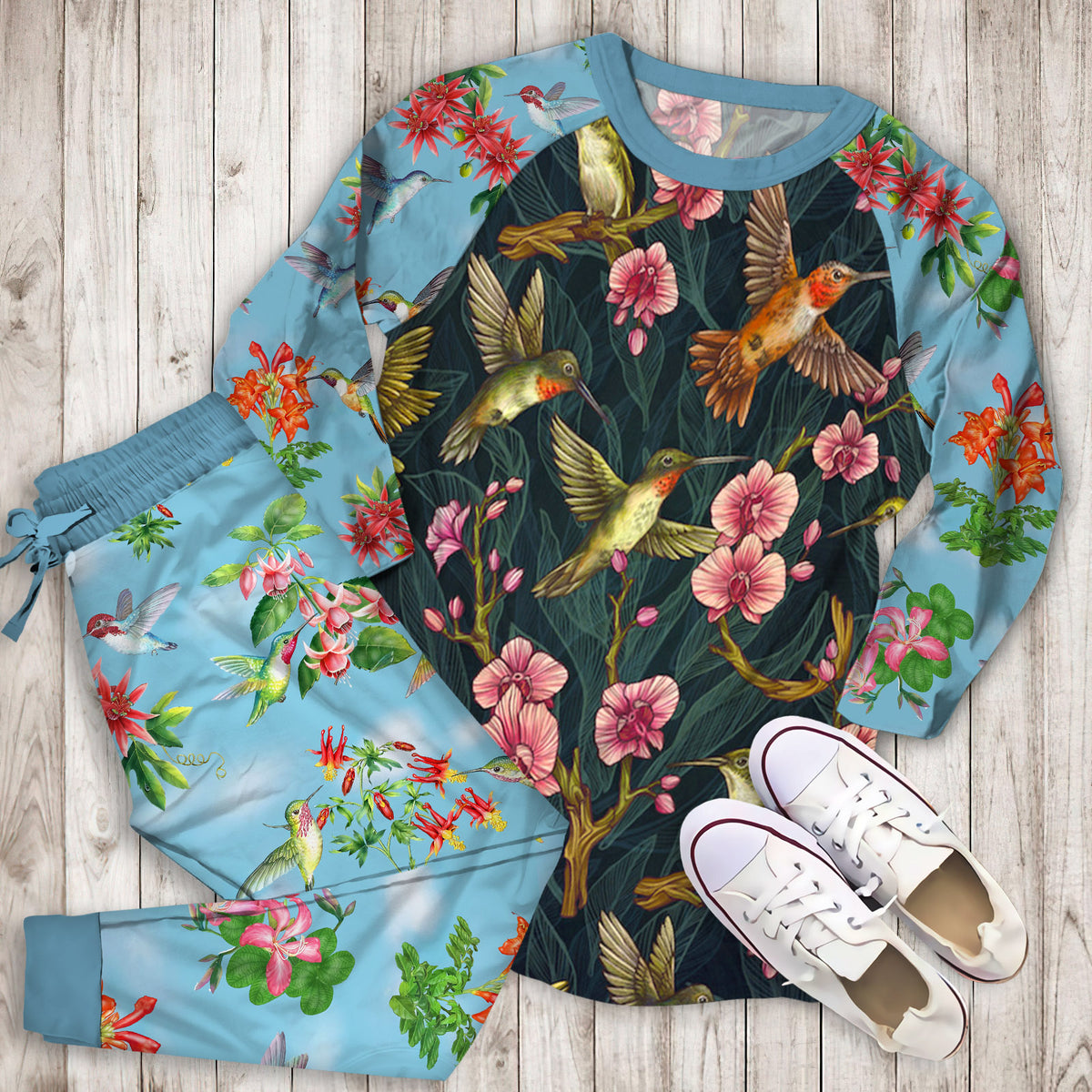 Humming Bird Pajama Set | Pajamas | Cotton Sleepwear Sets | Soft Long Sleeve Pjs | Raglan Shirt and Pants Set
