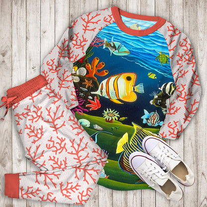 Coral Reef Pajama Set | Pajamas | Cotton Sleepwear Sets | Soft Long Sleeve Pjs | Raglan Shirt and Pants Set