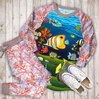 Coral Reef Pajama Set | Pajamas | Cotton Sleepwear Sets | Soft Long Sleeve Pjs | Raglan Shirt and Pants Set
