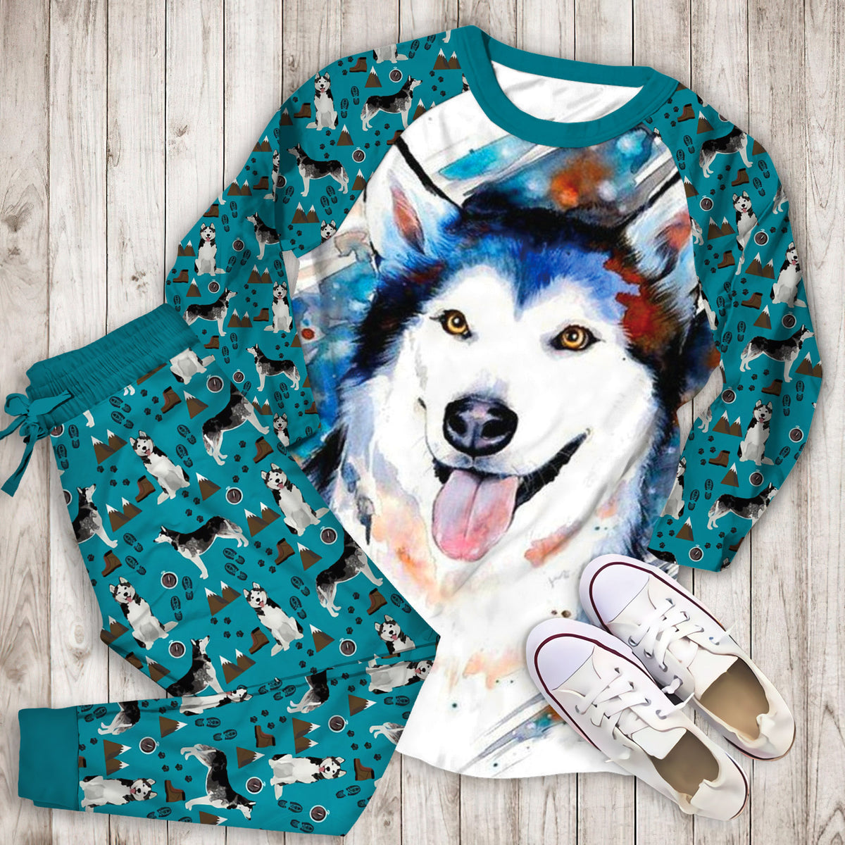 Husky Pajama Set | Pajamas | Cotton Sleepwear Sets | Soft Long Sleeve Pjs | Raglan Shirt and Pants Set