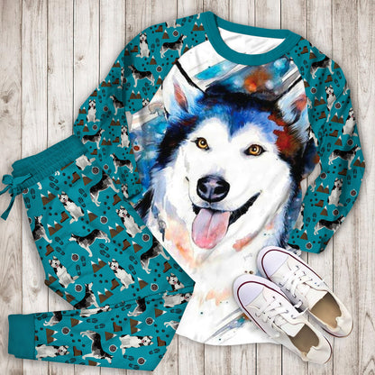 Husky Pajama Set | Pajamas | Cotton Sleepwear Sets | Soft Long Sleeve Pjs | Raglan Shirt and Pants Set
