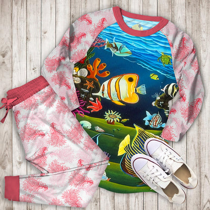Coral Reef Pajama Set | Pajamas | Cotton Sleepwear Sets | Soft Long Sleeve Pjs | Raglan Shirt and Pants Set