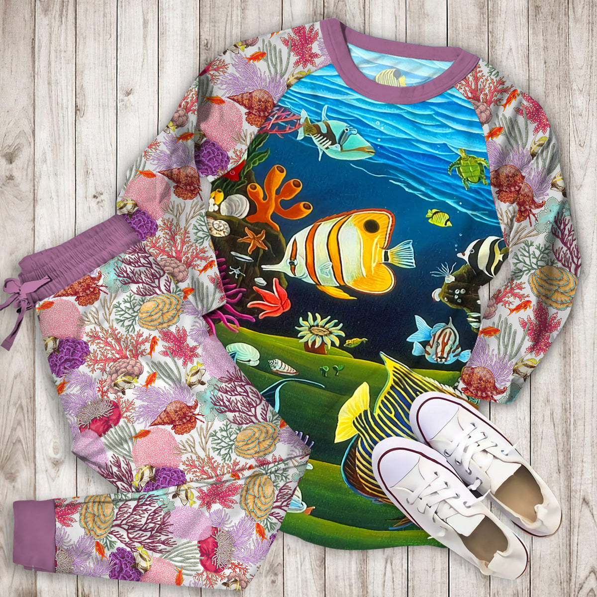 Coral Reef Pajama Set | Pajamas | Cotton Sleepwear Sets | Soft Long Sleeve Pjs | Raglan Shirt and Pants Set