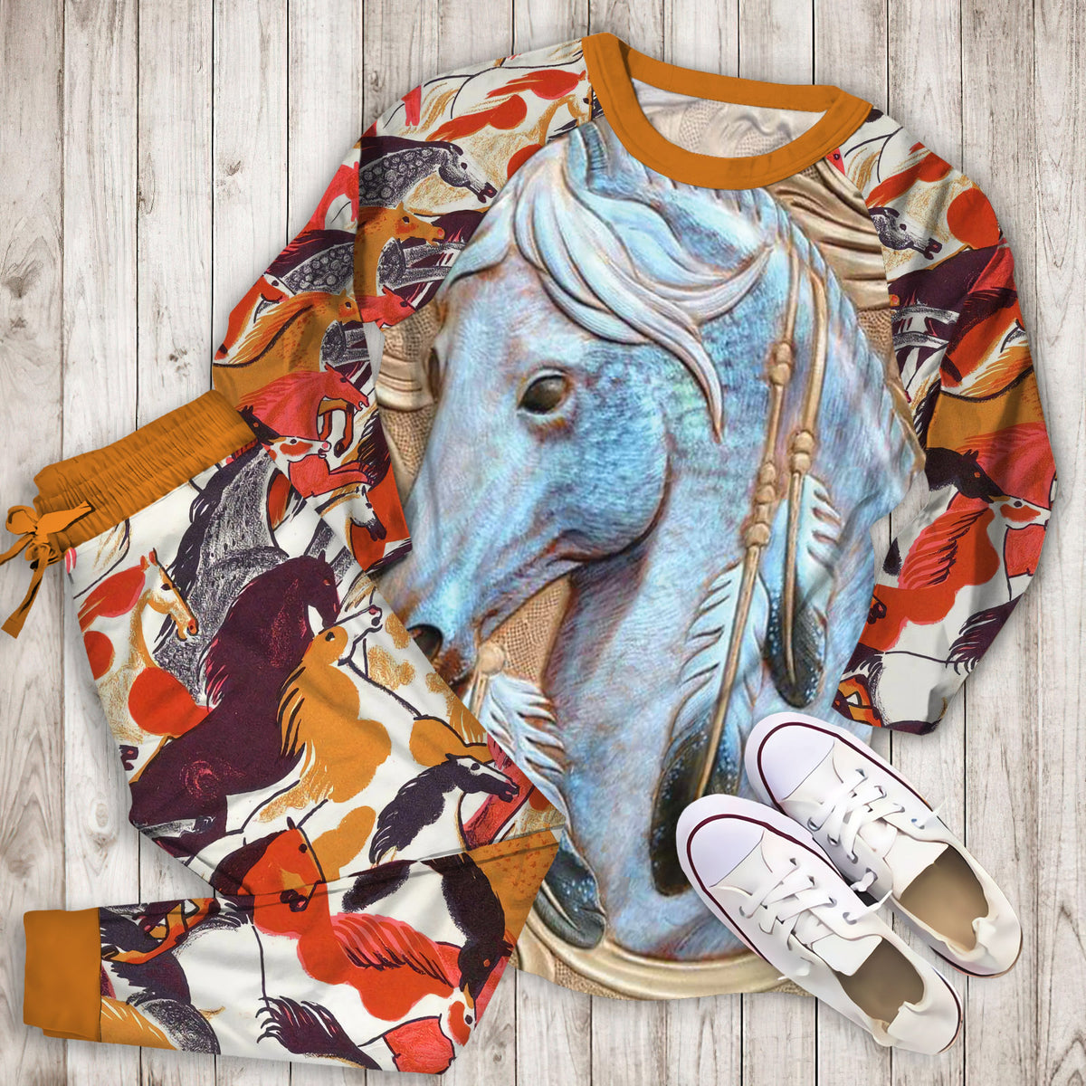 Horse Pajama Set | Pajamas | Cotton Sleepwear Sets | Soft Long Sleeve Pjs | Raglan Shirt and Pants Set