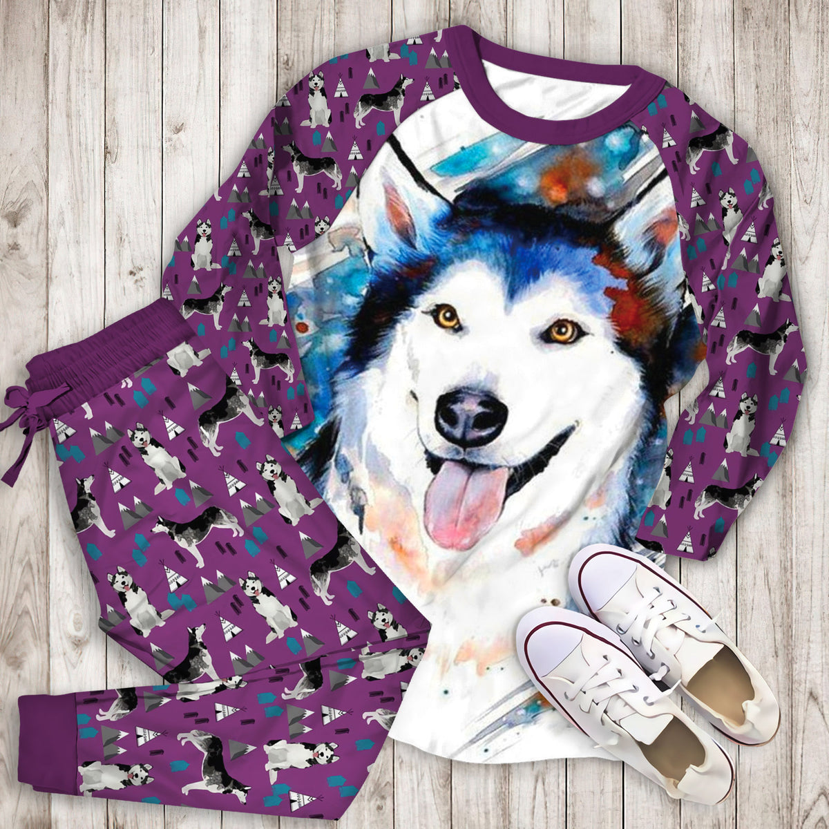 Husky Pajama Set | Pajamas | Cotton Sleepwear Sets | Soft Long Sleeve Pjs | Raglan Shirt and Pants Set