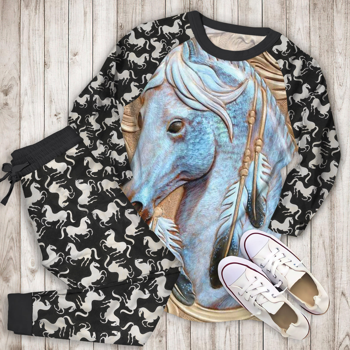 Horse Pajama Set | Pajamas | Cotton Sleepwear Sets | Soft Long Sleeve Pjs | Raglan Shirt and Pants Set