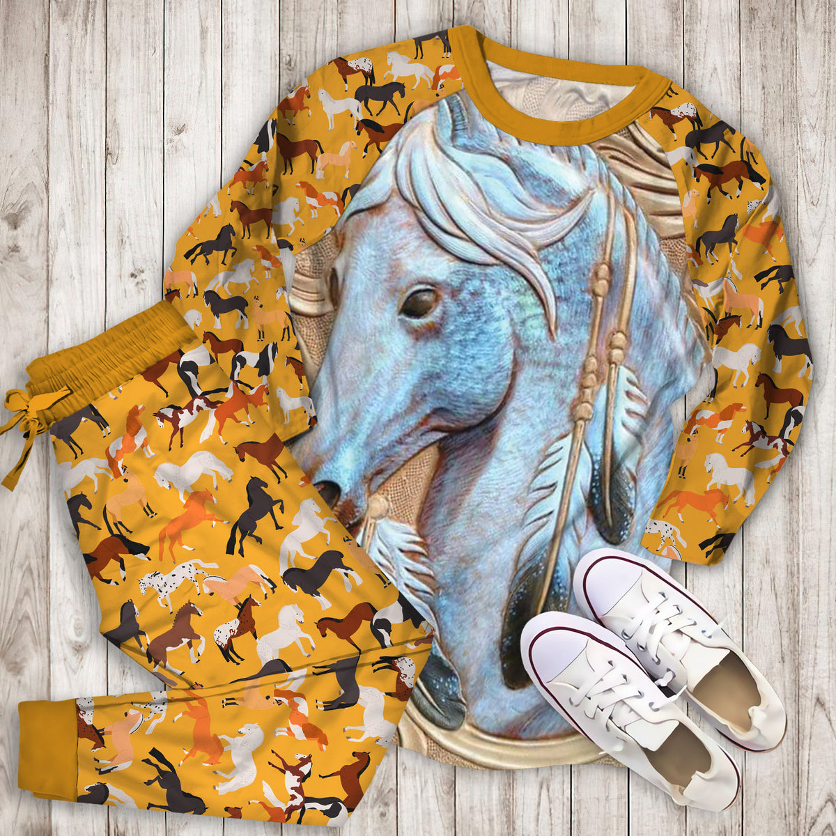 Horse Pajama Set | Pajamas | Cotton Sleepwear Sets | Soft Long Sleeve Pjs | Raglan Shirt and Pants Set
