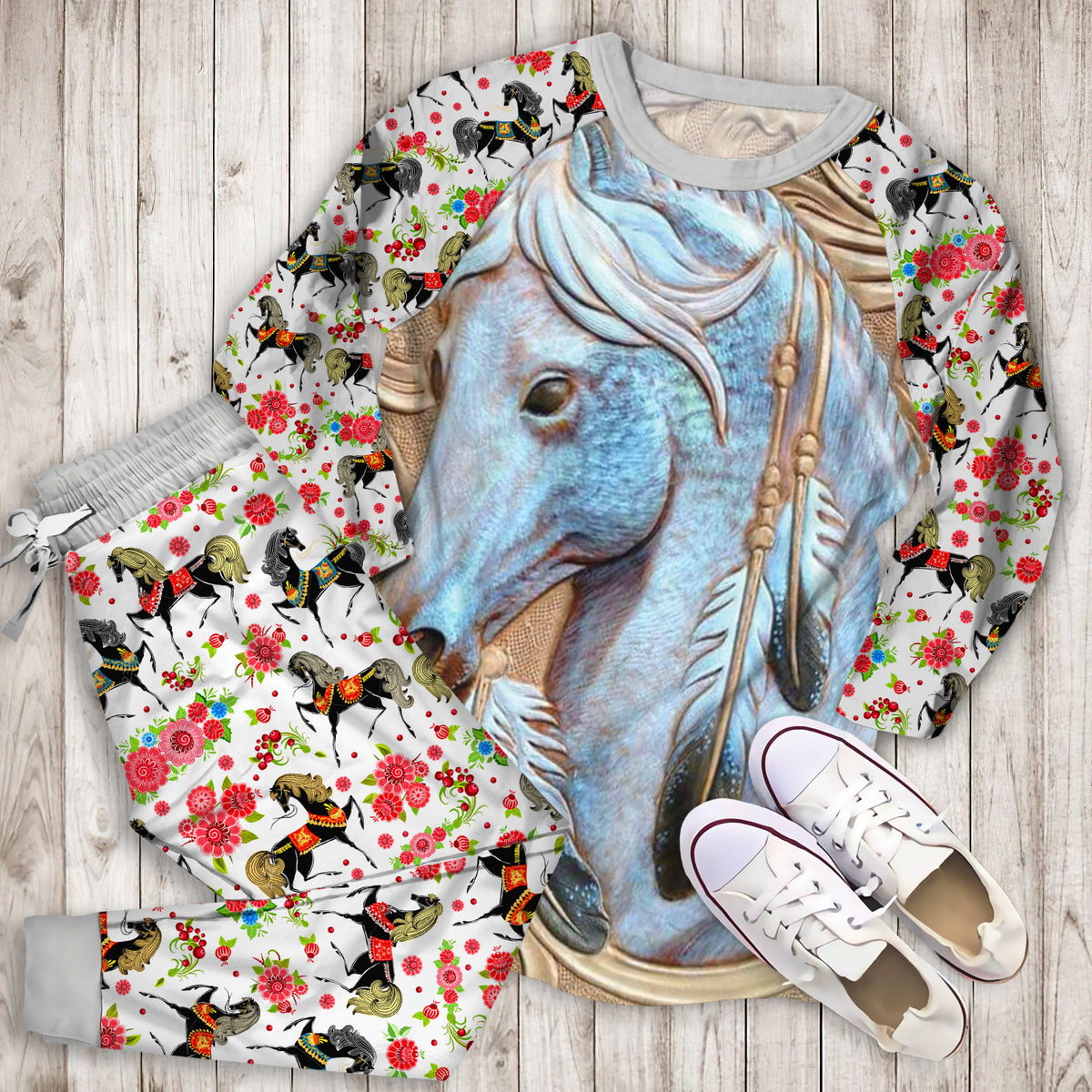 Horse Pajama Set | Pajamas | Cotton Sleepwear Sets | Soft Long Sleeve Pjs | Raglan Shirt and Pants Set