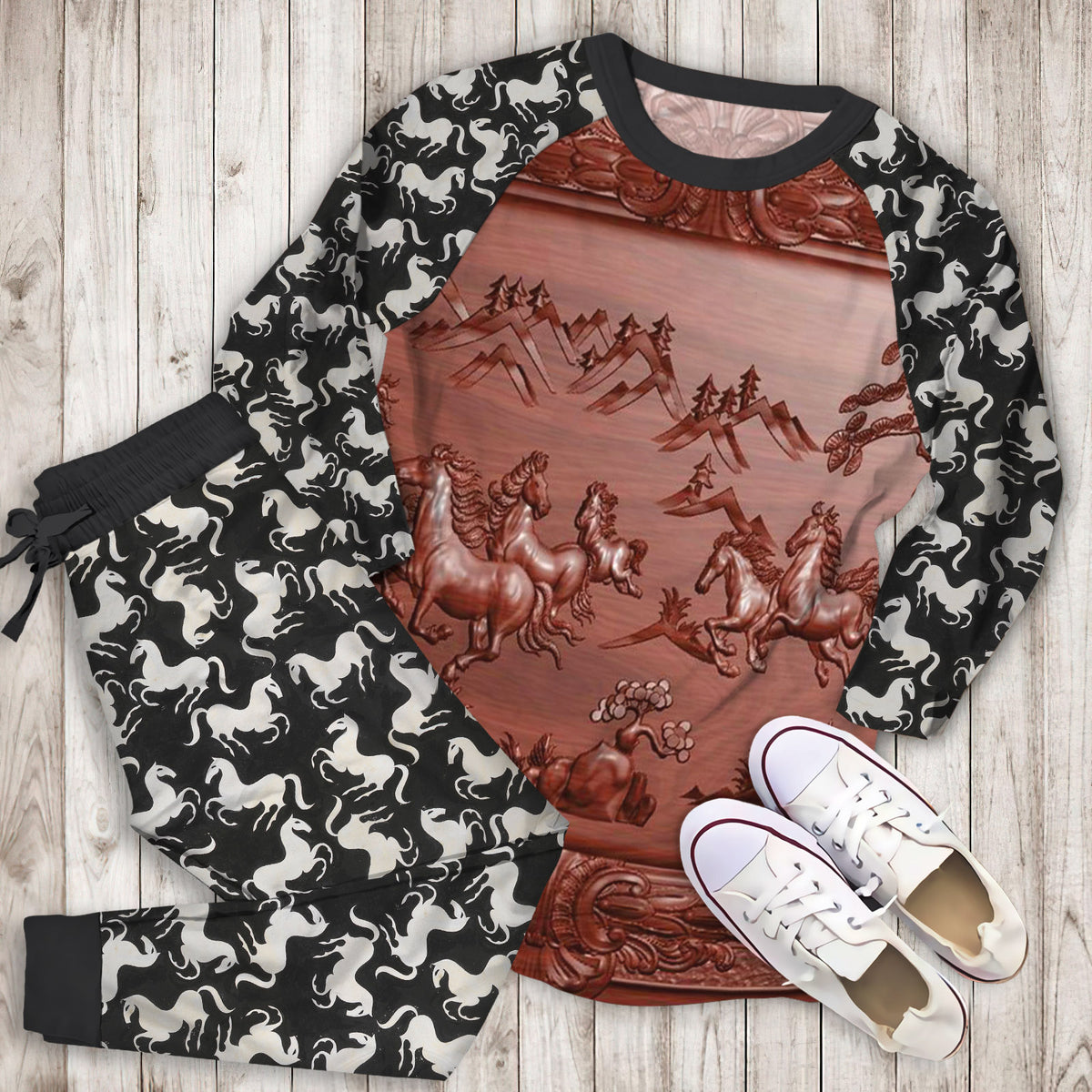 Horse Pajama Set | Pajamas | Cotton Sleepwear Sets | Soft Long Sleeve Pjs | Raglan Shirt and Pants Set