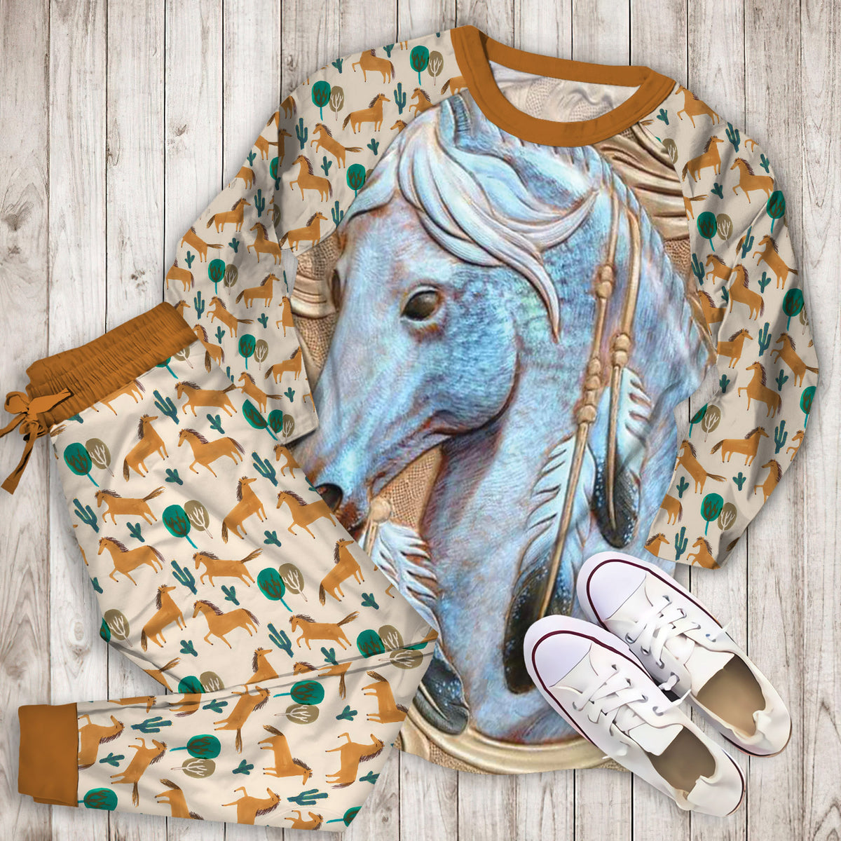 Horse Pajama Set | Pajamas | Cotton Sleepwear Sets | Soft Long Sleeve Pjs | Raglan Shirt and Pants Set