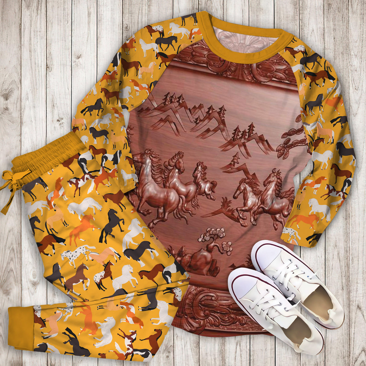 Horse Pajama Set | Pajamas | Cotton Sleepwear Sets | Soft Long Sleeve Pjs | Raglan Shirt and Pants Set
