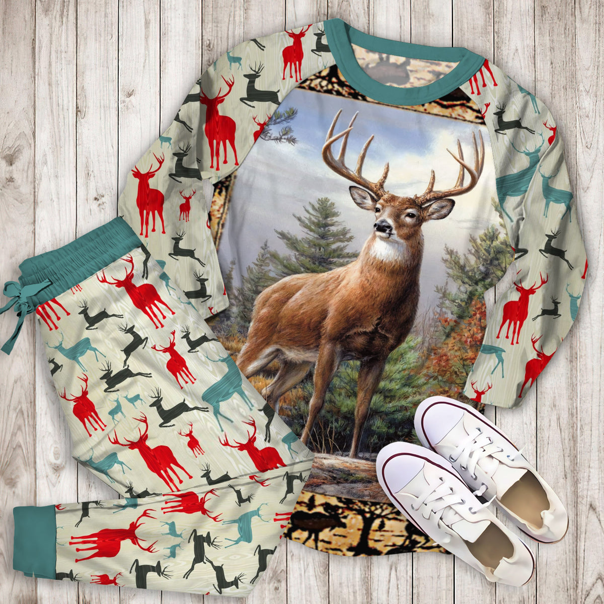 Woodside Deer Pajama Set |Sleepwear Pjs Sets | Raglan Shirt Pants Set