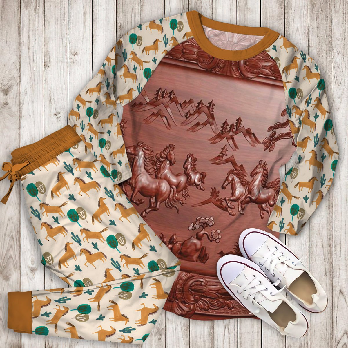 Horse Pajama Set | Pajamas | Cotton Sleepwear Sets | Soft Long Sleeve Pjs | Raglan Shirt and Pants Set