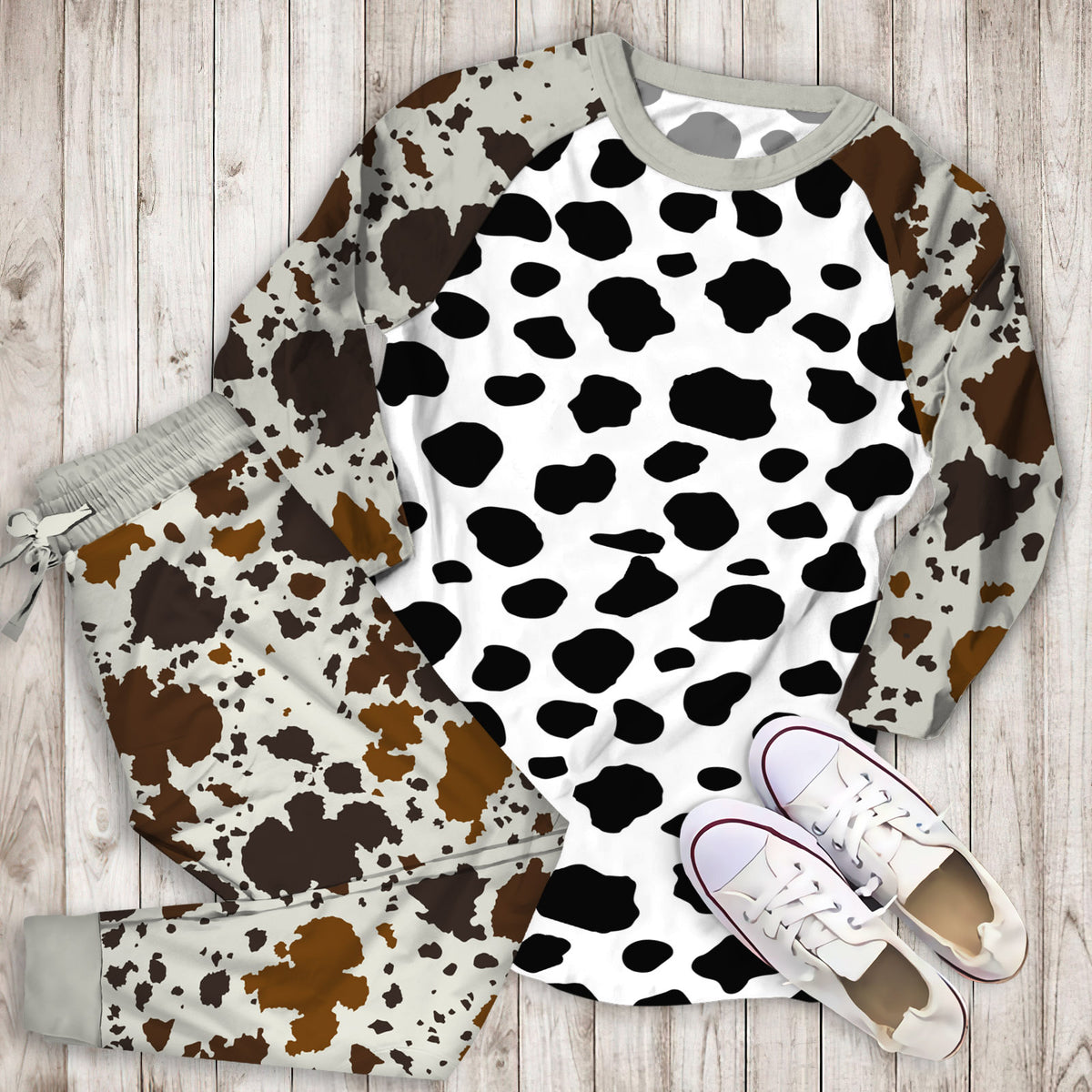 Black And White Cow Pajama Set |Sleepwear Pjs Sets | Raglan Shirt Pants Set