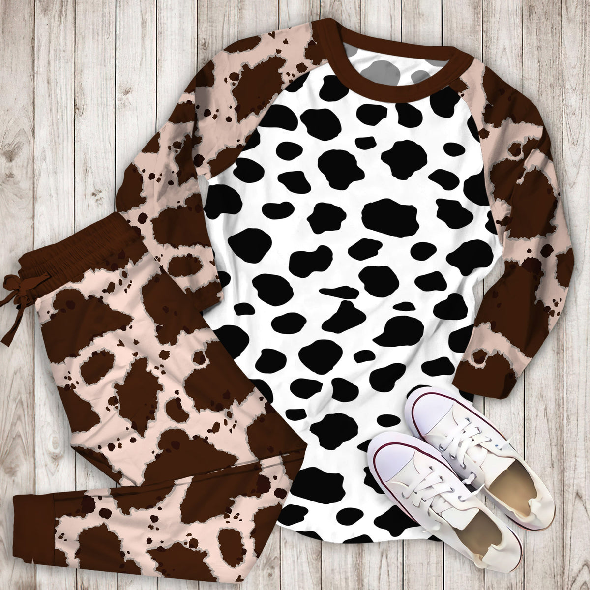Black And White Cow Pajama Set |Sleepwear Pjs Sets | Raglan Shirt Pants Set