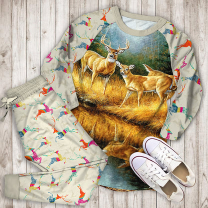 Whitetail Deers Reflections Pajama Set |Sleepwear Pjs Sets | Raglan Shirt Pants Set