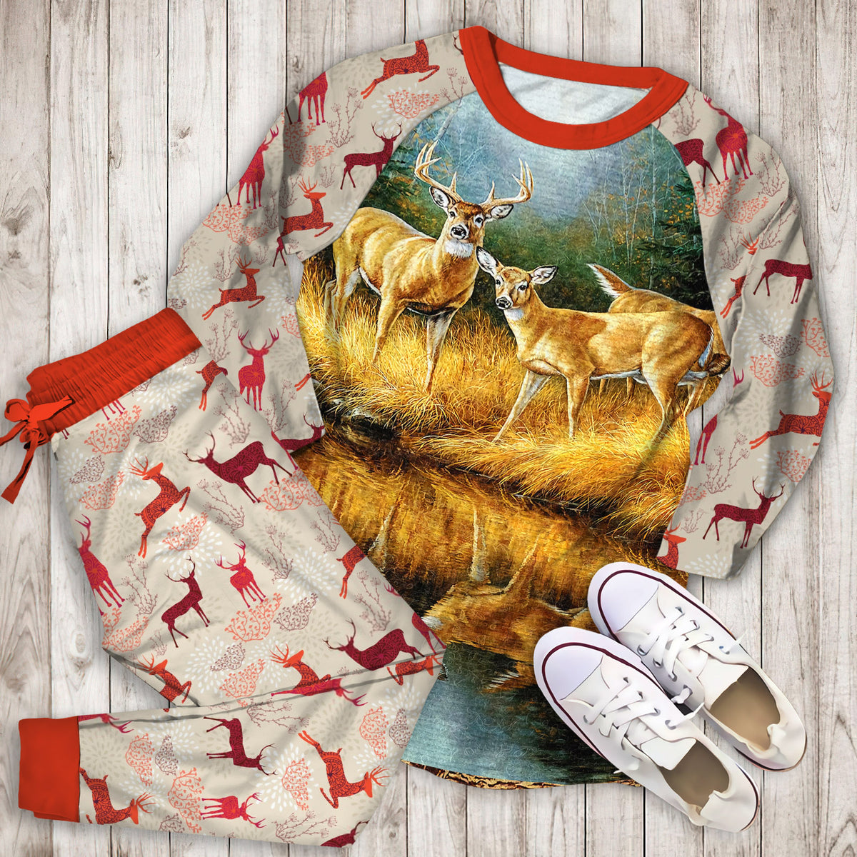 Whitetail Deers Reflections Pajama Set |Sleepwear Pjs Sets | Raglan Shirt Pants Set