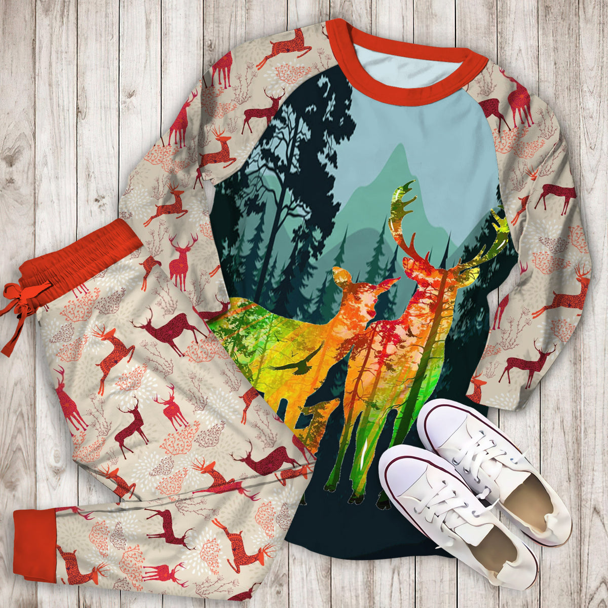 Deer Pajama Set | Pajamas | Cotton Sleepwear Sets | Soft Long Sleeve Pjs | Raglan Shirt and Pants Set