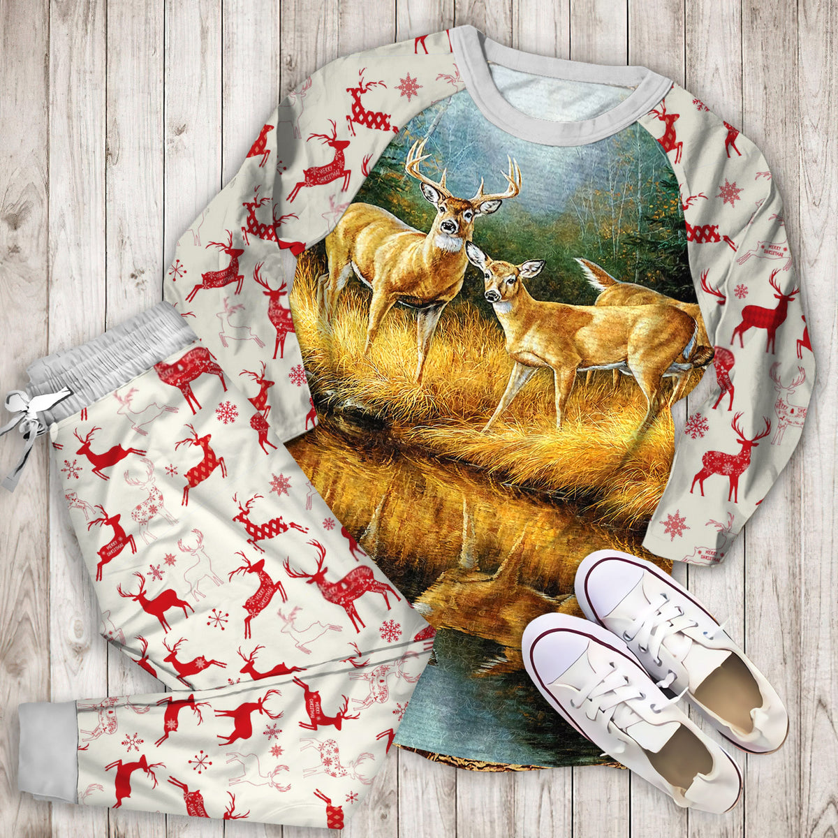 Whitetail Deers Reflections Pajama Set |Sleepwear Pjs Sets | Raglan Shirt Pants Set