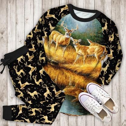 Whitetail Deers Reflections Pajama Set |Sleepwear Pjs Sets | Raglan Shirt Pants Set