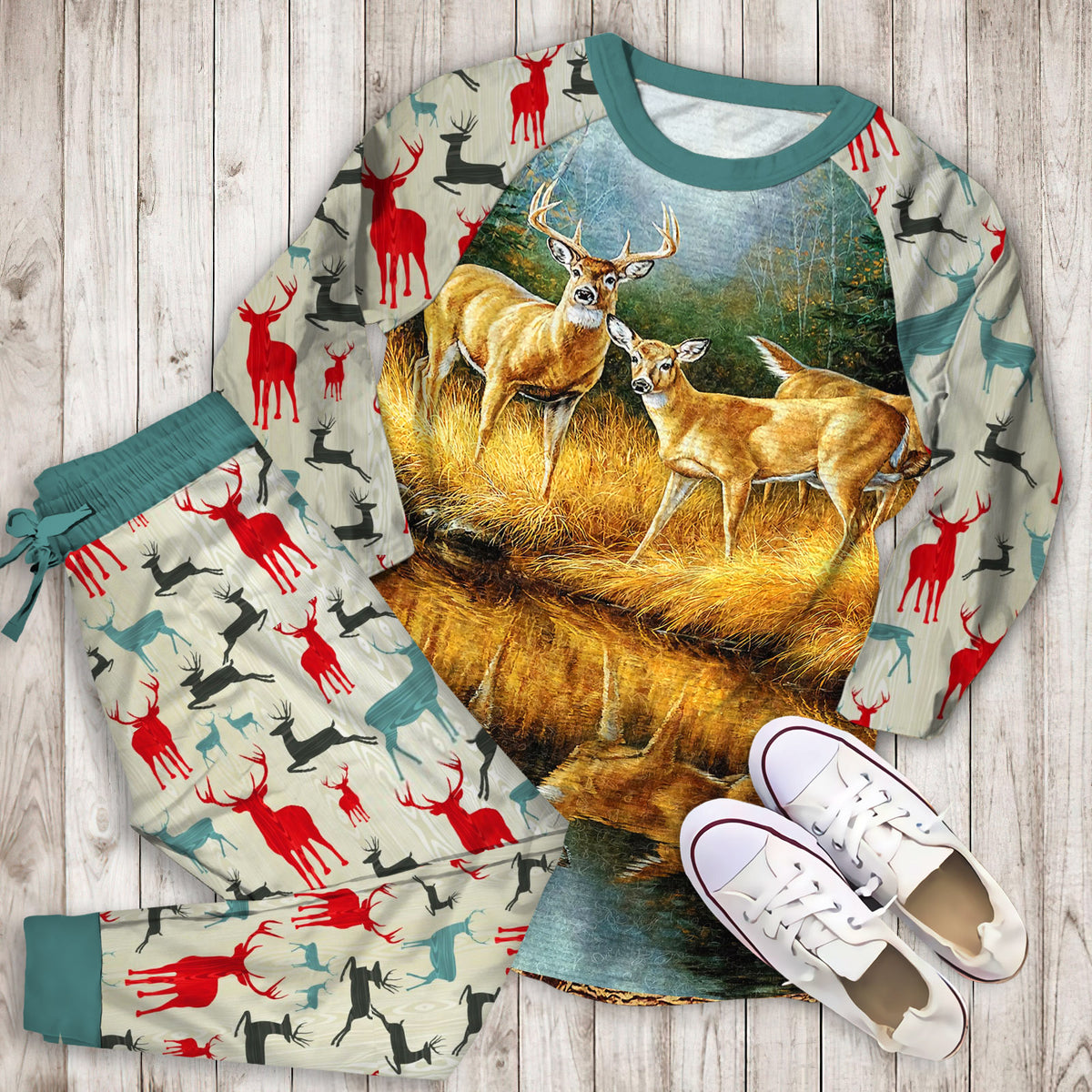 Whitetail Deers Reflections Pajama Set |Sleepwear Pjs Sets | Raglan Shirt Pants Set