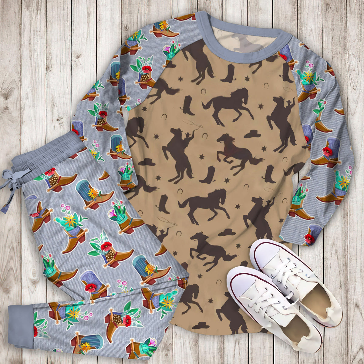 Western Cowboy Pajama Set |Sleepwear Pjs Sets | Raglan Shirt Pants Set