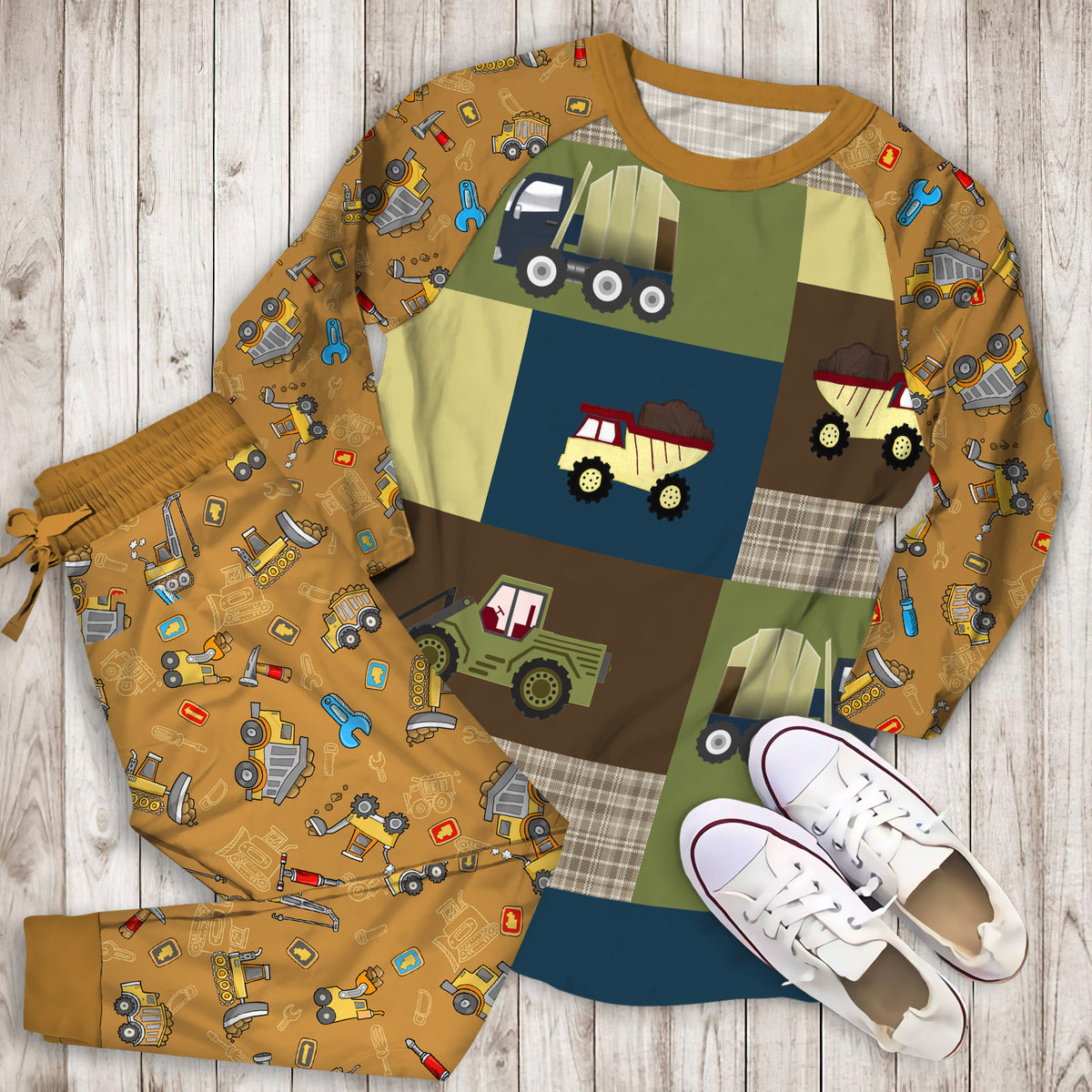 Construction Zone Pajama Set | Pajamas | Cotton Sleepwear Sets | Soft Long Sleeve Pjs | Raglan Shirt and Pants Set