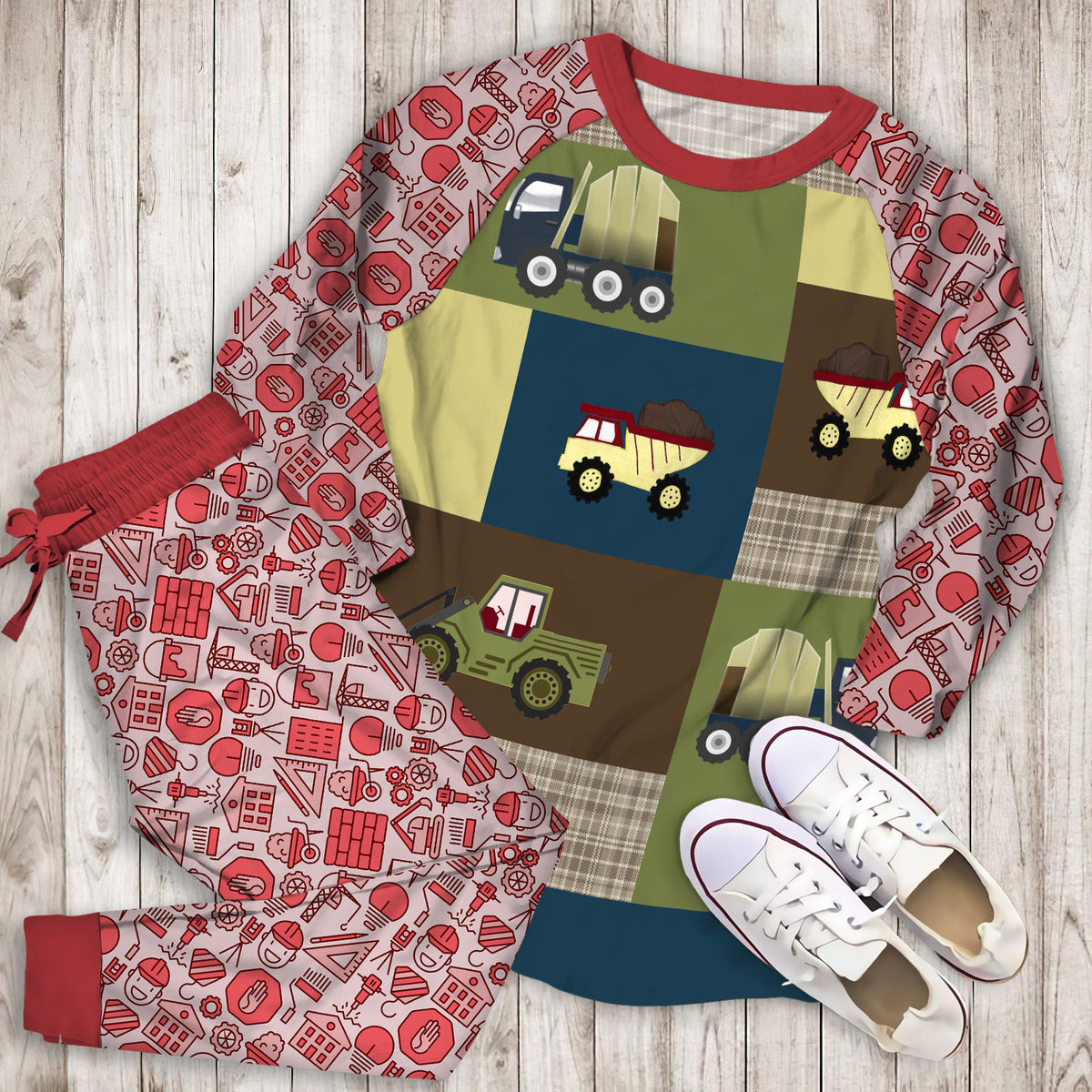 Construction Zone Pajama Set | Pajamas | Cotton Sleepwear Sets | Soft Long Sleeve Pjs | Raglan Shirt and Pants Set