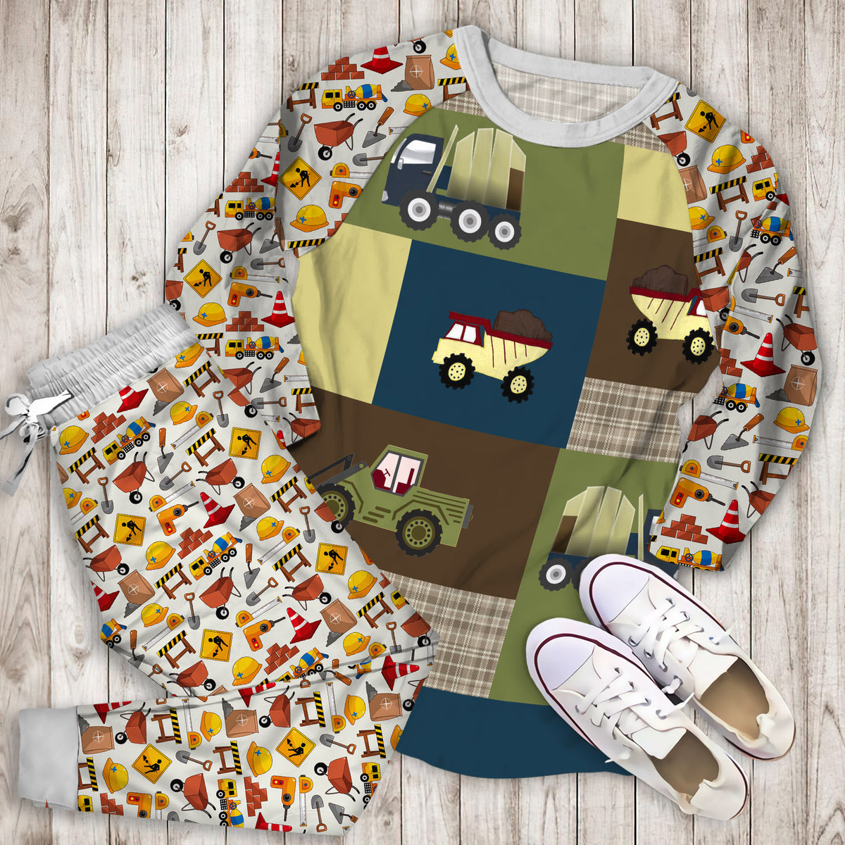 Construction Zone Pajama Set | Pajamas | Cotton Sleepwear Sets | Soft Long Sleeve Pjs | Raglan Shirt and Pants Set