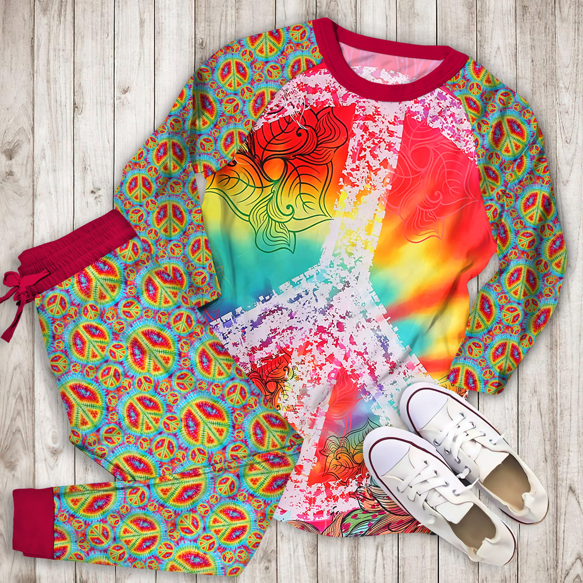 Hippie Tie Dye Pajama Set | Pajamas | Cotton Sleepwear Sets | Soft Long Sleeve Pjs | Raglan Shirt and Pants Set