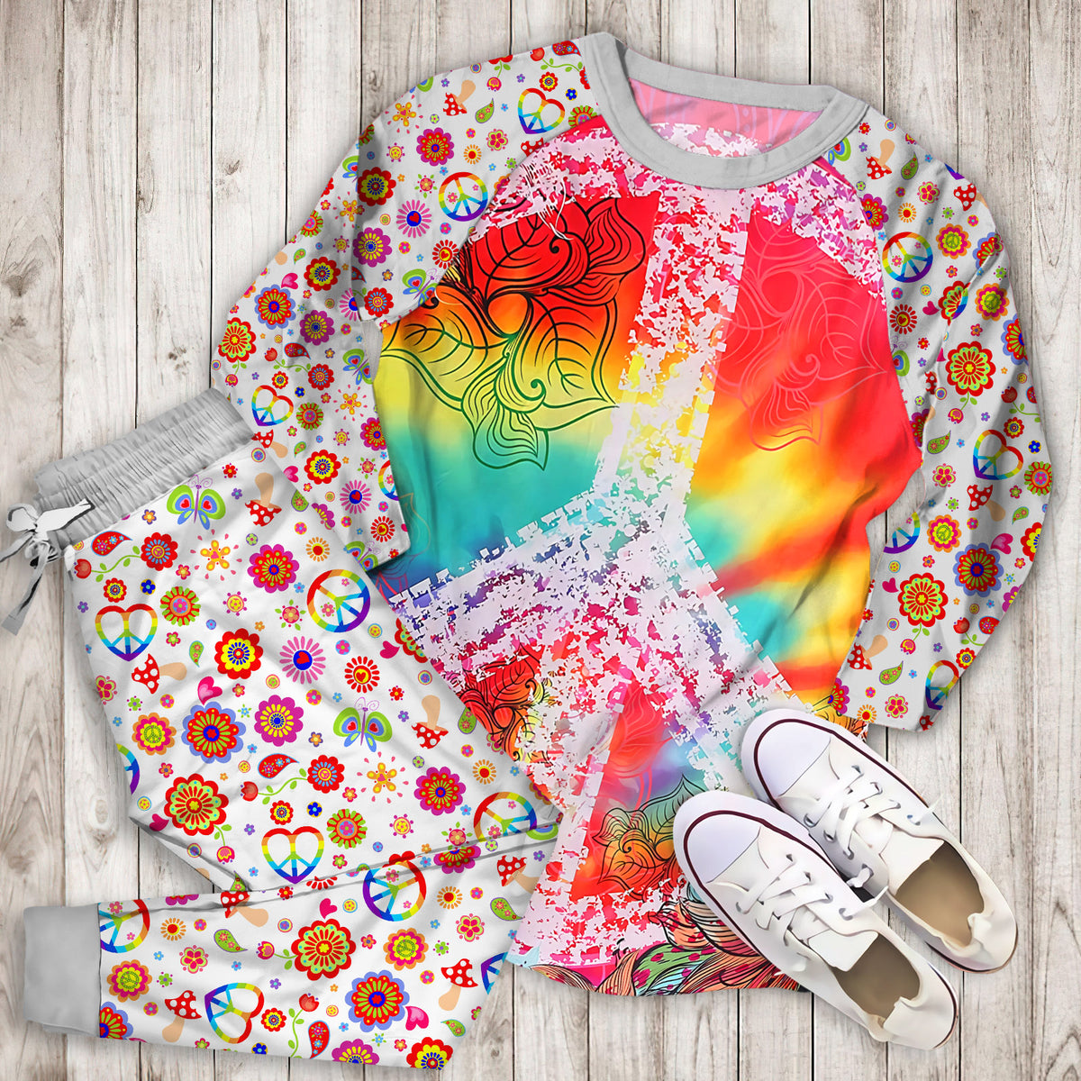 Hippie Tie Dye Pajama Set | Pajamas | Cotton Sleepwear Sets | Soft Long Sleeve Pjs | Raglan Shirt and Pants Set