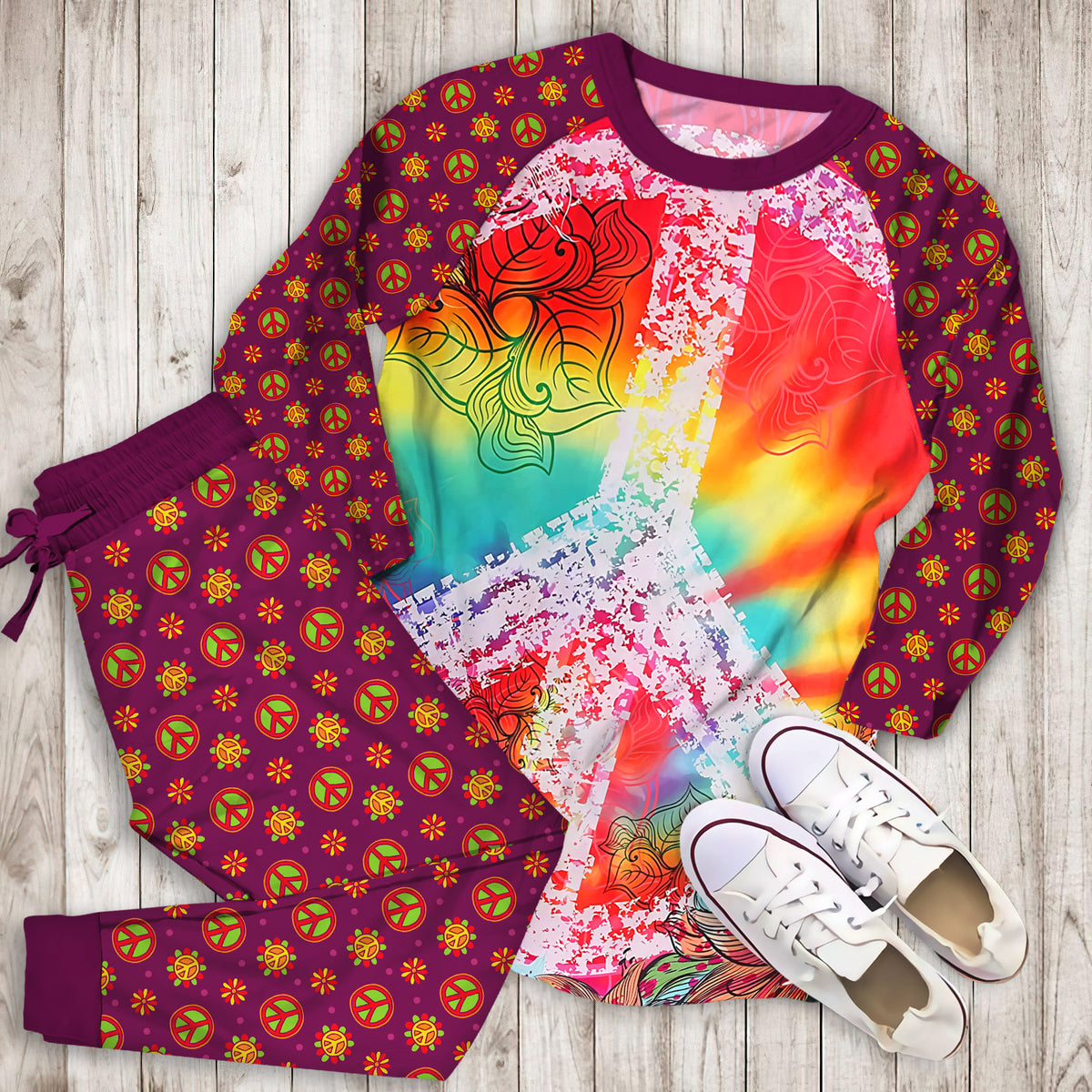 Hippie Tie Dye Pajama Set | Pajamas | Cotton Sleepwear Sets | Soft Long Sleeve Pjs | Raglan Shirt and Pants Set