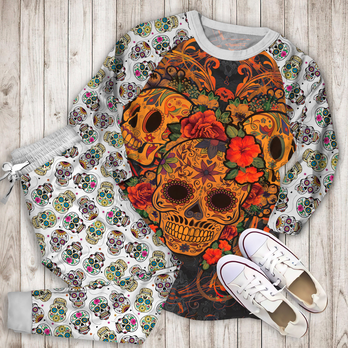 Muertos Day Of The Dead Skulls Pajama Set |Sleepwear Pjs Sets | Raglan Shirt Pants Set