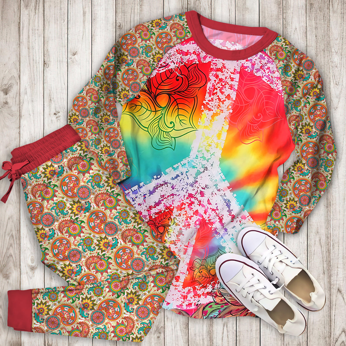 Hippie Tie Dye Pajama Set | Pajamas | Cotton Sleepwear Sets | Soft Long Sleeve Pjs | Raglan Shirt and Pants Set