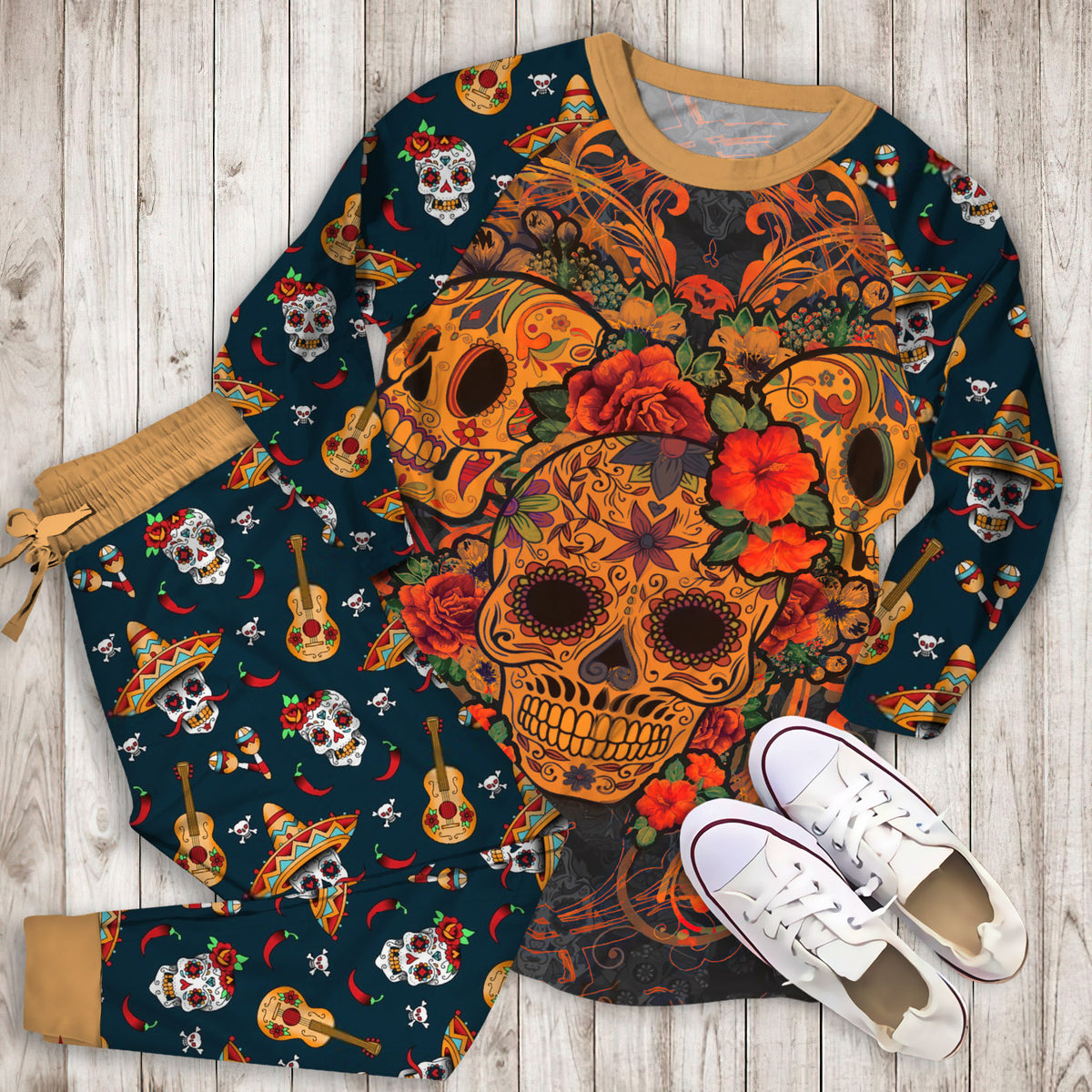 Muertos Day Of The Dead Skulls Pajama Set |Sleepwear Pjs Sets | Raglan Shirt Pants Set